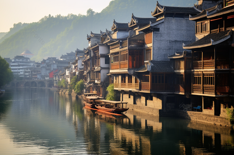 蓝天白云下贵州古镇吊脚楼山水风景建筑摄影图,高清,摄影图,摄影图片,图片大全,摄影图免费下载